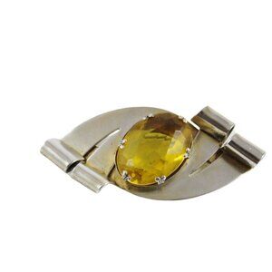 Coro Craft Sterling Silver Bow Brooch with Citrine Color Oval Stone